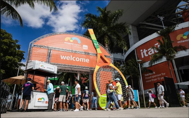Miami Open welcome arch and giant tennis-racket installation at the tournament entrance