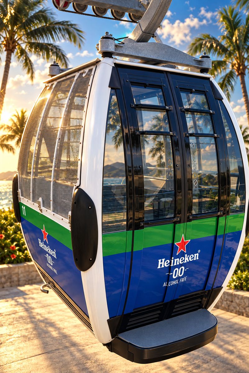 Heineken 0.0 branded gondola cabin on an overhead cable system, full-coverage vinyl wrap in green and navy